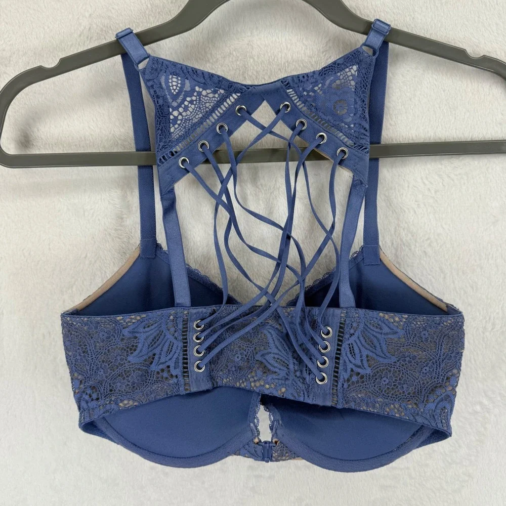 Victoria's Secret Very Sexy Push Up Bra 32DD/E70‎ Blue Lace Criss Cross Back